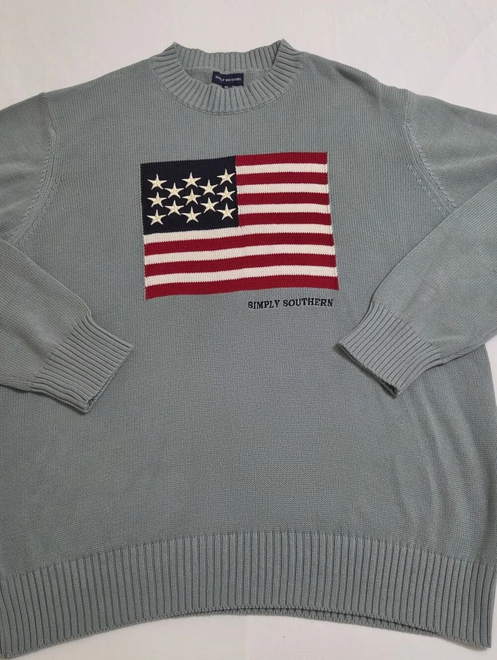 Simply Southern Men's Sweater Light Blue Crewneck with American Flag Size XL